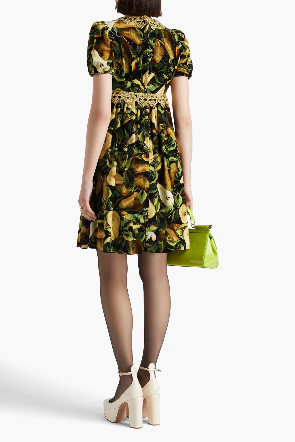 DOLCE&GABBANA コットン混ベルベット ミニワンピース レーストリム フローラルプリント