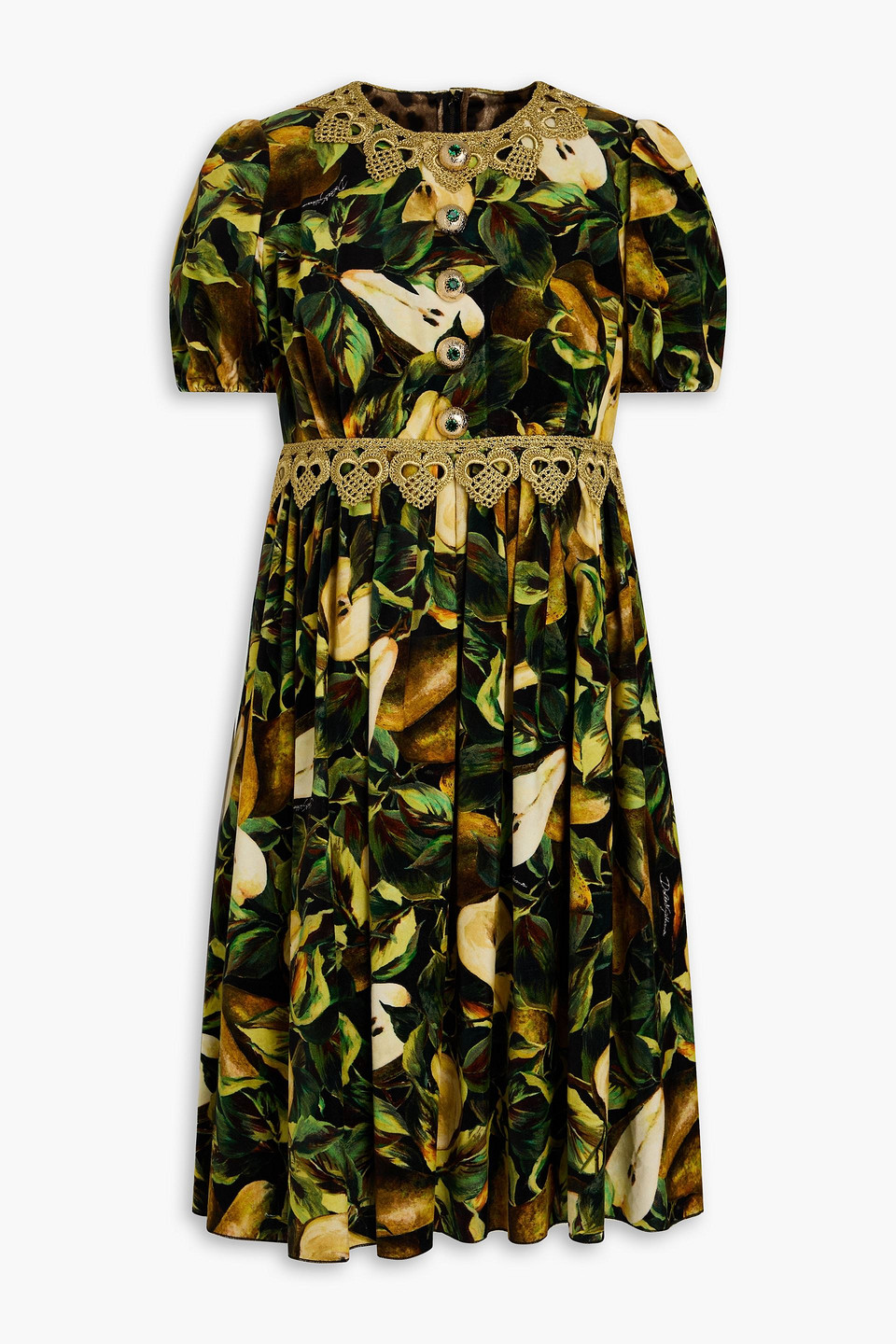 Dolce & Gabbana Minikleid Aus Samt Aus Einer Baumwollmischung Mit Floralem Print Und Spitzenbesatz In Gelb