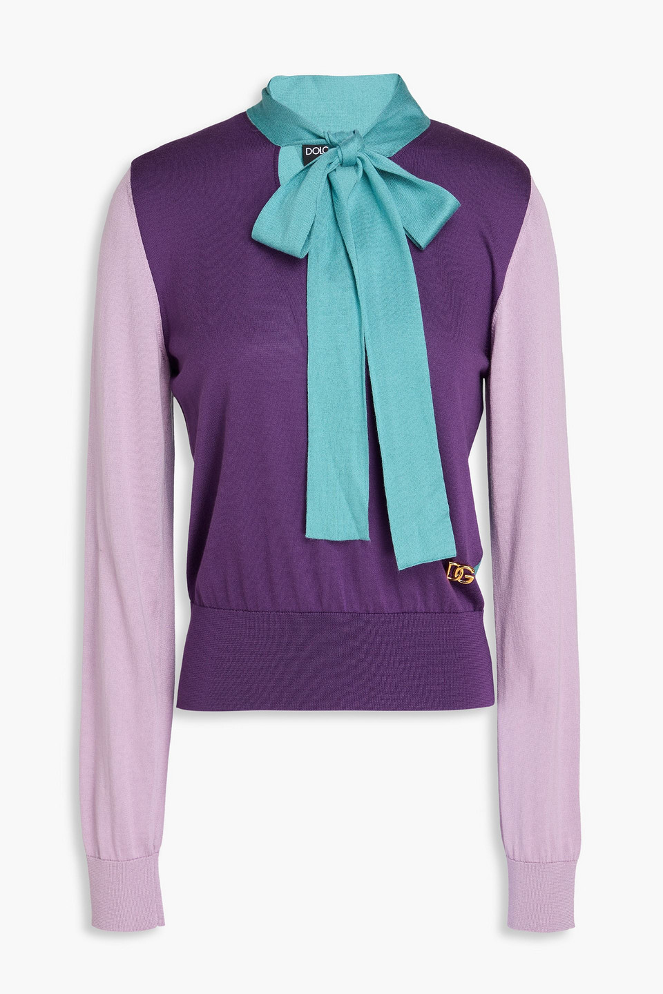 Dolce & Gabbana Long-sleeved Multi-colored Silk Sweater With Pussy-bow And Dg Embellishment In Lila