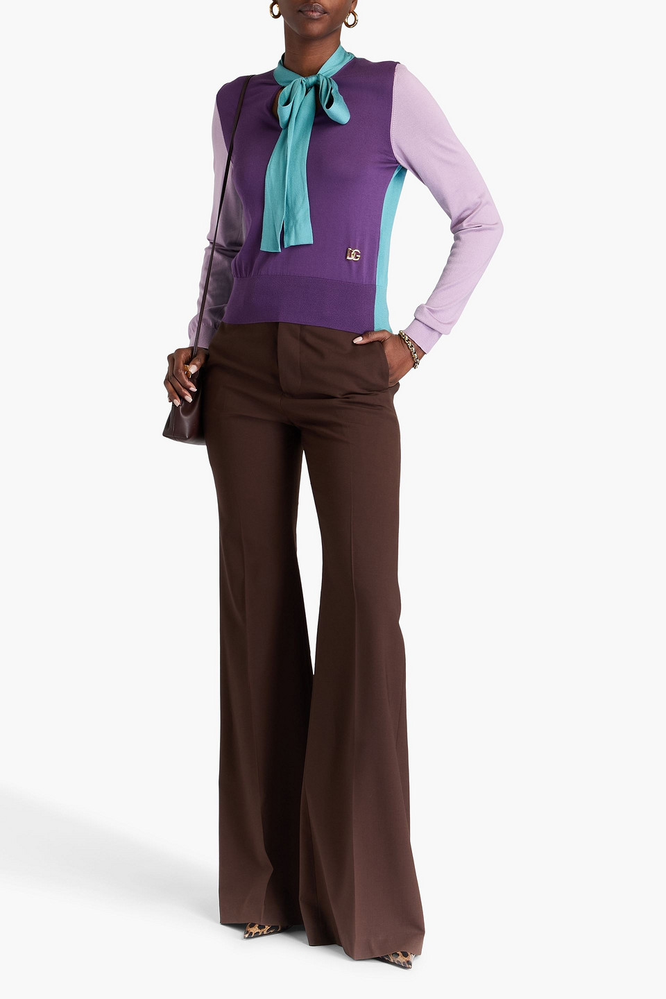 Dolce & Gabbana Long-sleeved Multi-colored Silk Sweater With Pussy-bow And Dg Embellishment In Lila