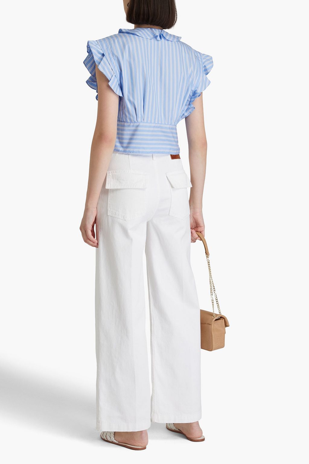 SANDRO Cropped ruffled striped cotton-poplin top