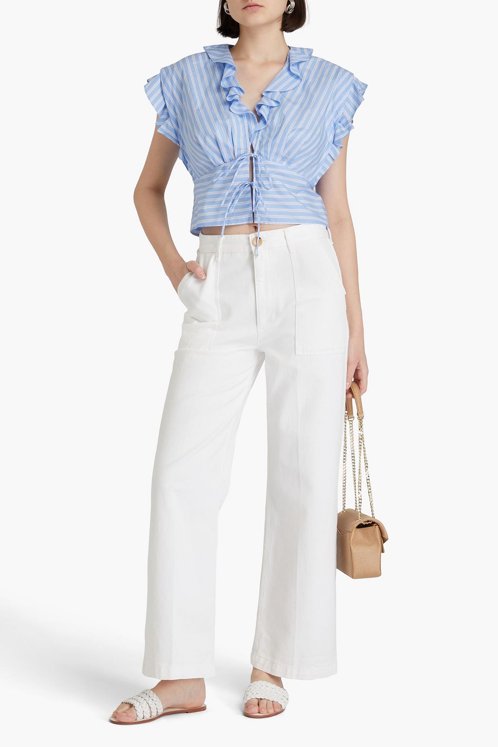 SANDRO Cropped ruffled striped cotton-poplin top