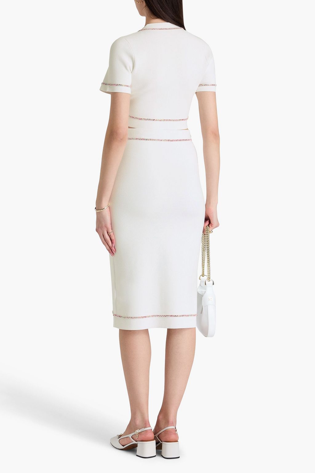 SANDRO Crystal-embellished stretch-knit midi pencil skirt