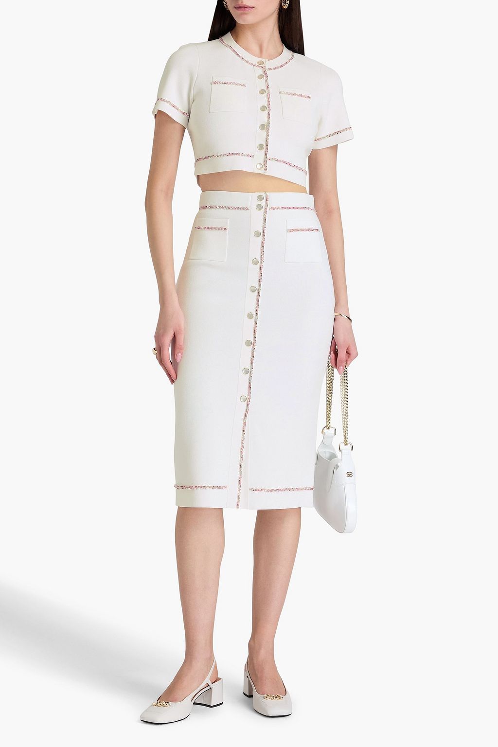 SANDRO Crystal-embellished stretch-knit midi pencil skirt