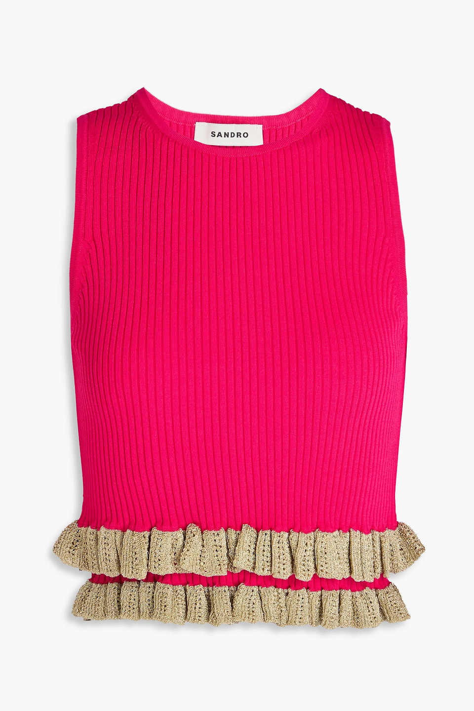 Sandro - Cropped ruffled crochet-trimmed ribbed-knit tank - Pink - 1