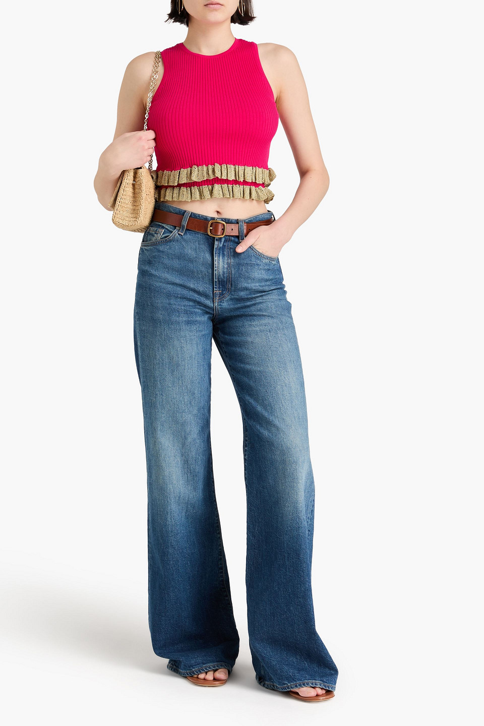  Sandro - Cropped Tanktop Aus Rippstrick Mit Häkelbesatz Und Rüschen - Pink - 0 