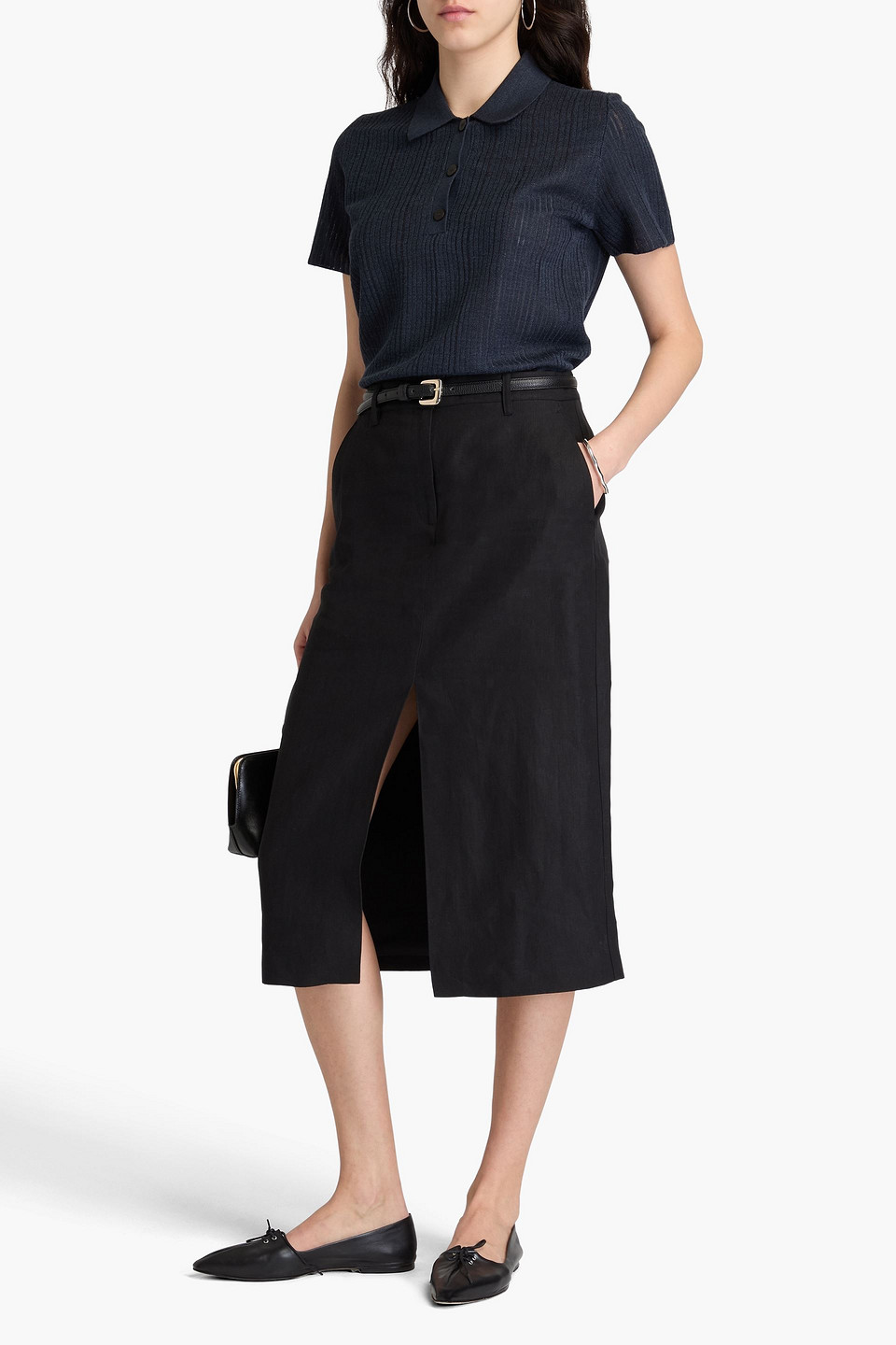  Theory - Linen Midi Skirt - Black - Us 8 