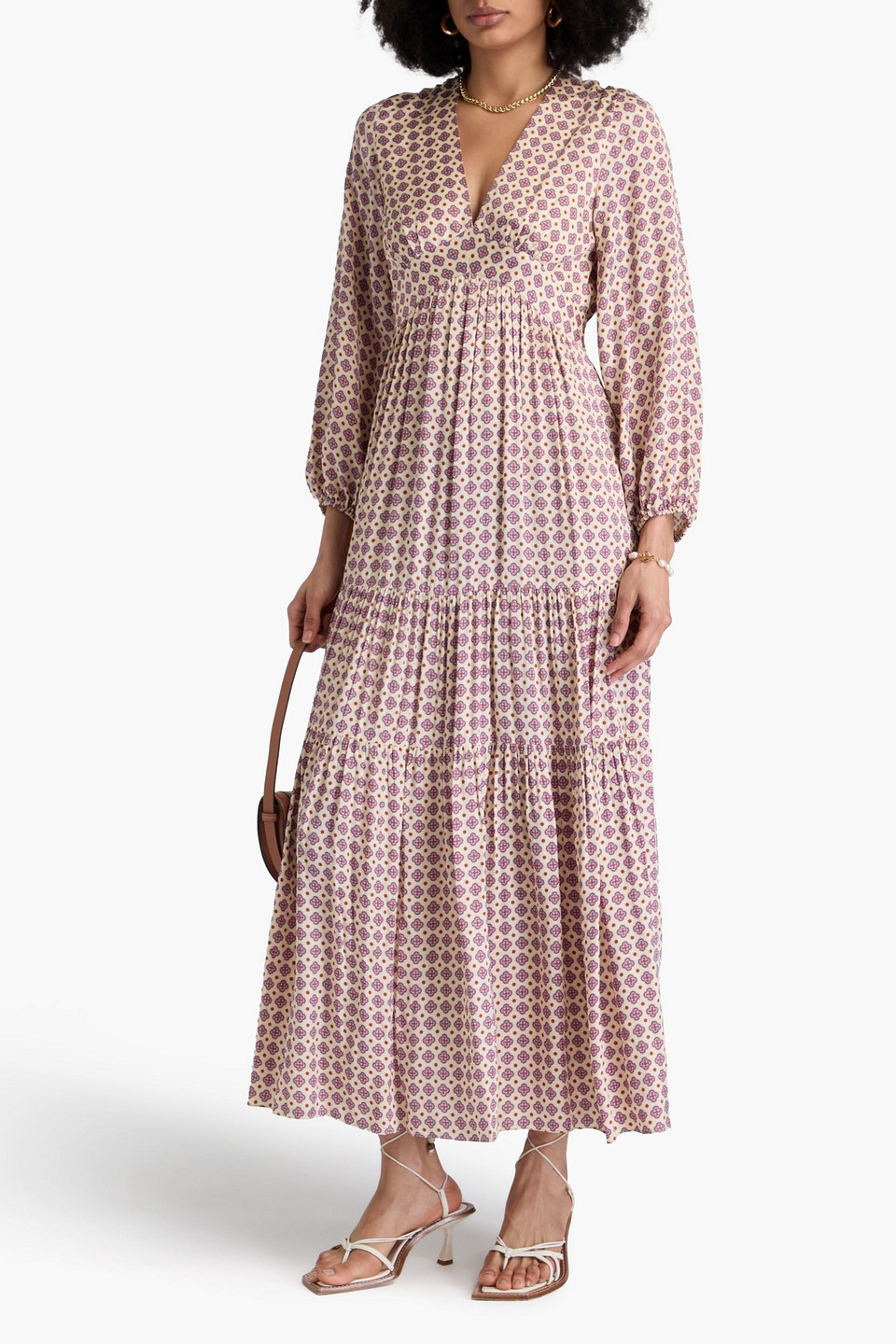 Sandro Gestuftes Maxikleid Aus Satin Mit Print In Naturfarben