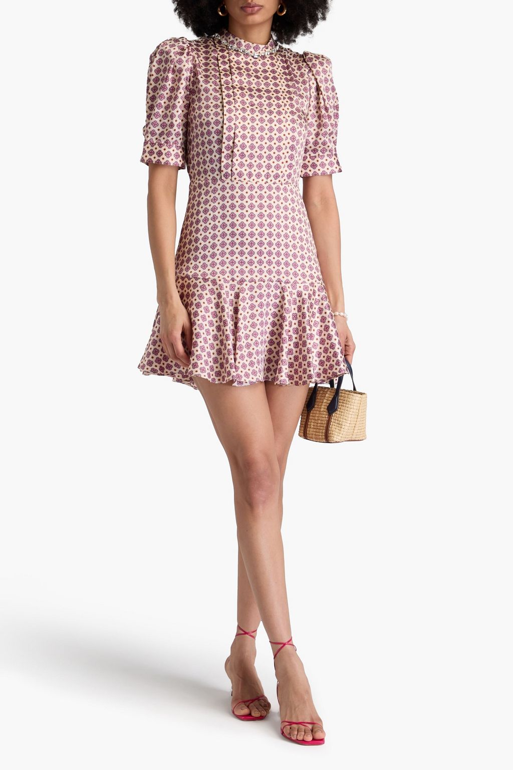SANDRO Minikleid aus glänzendem Twill mit Print und Kristallverzierung