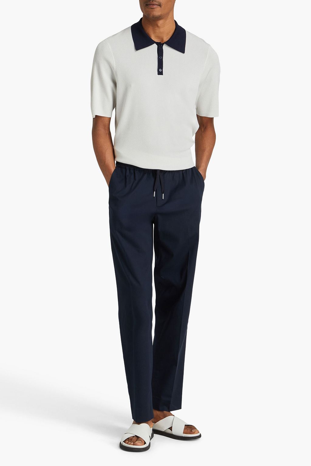 SANDRO Two-tone pointelle-knit polo shirt