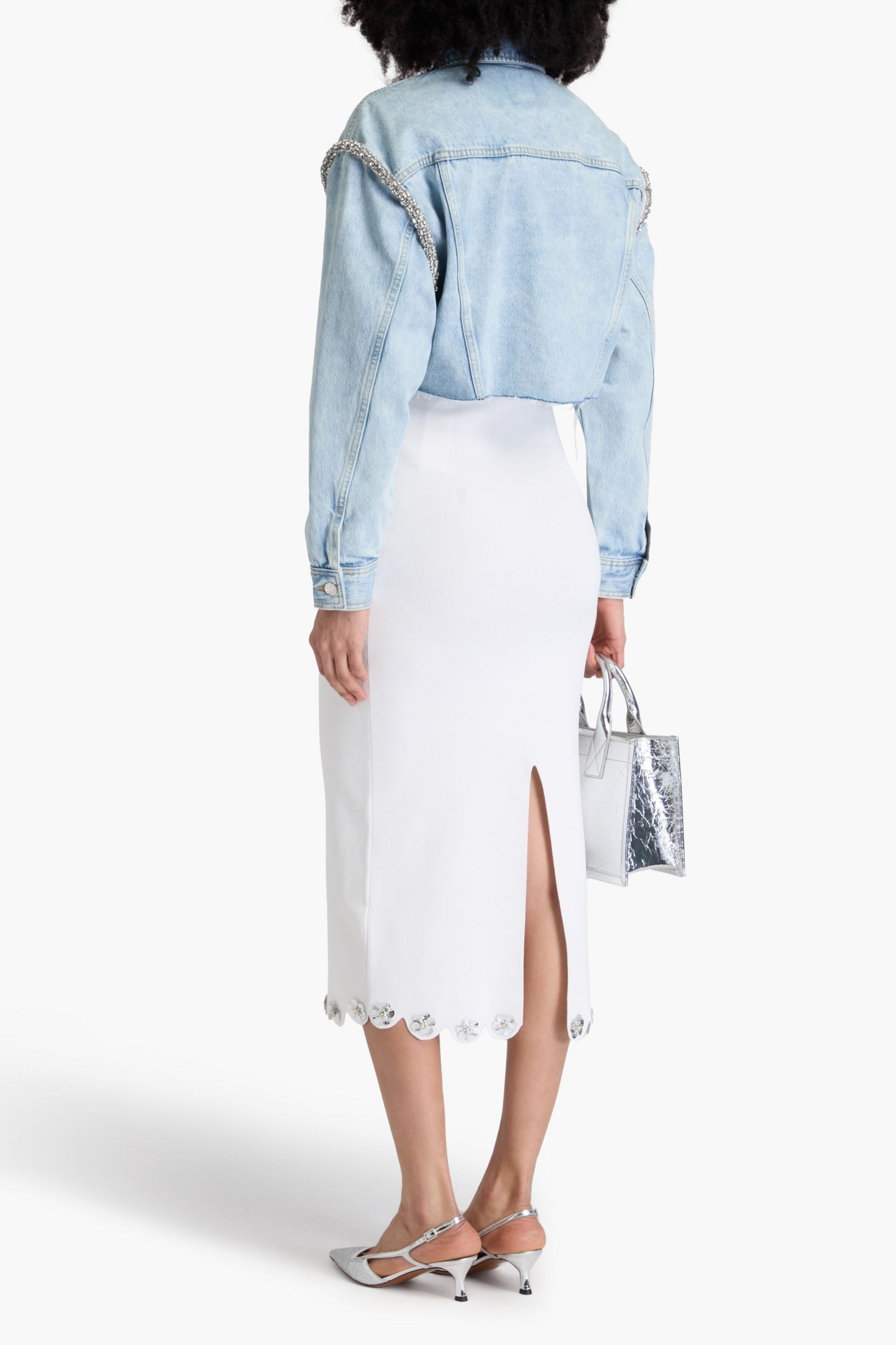 SANDRO Cropped crystal-embellished denim jacket thumbnail