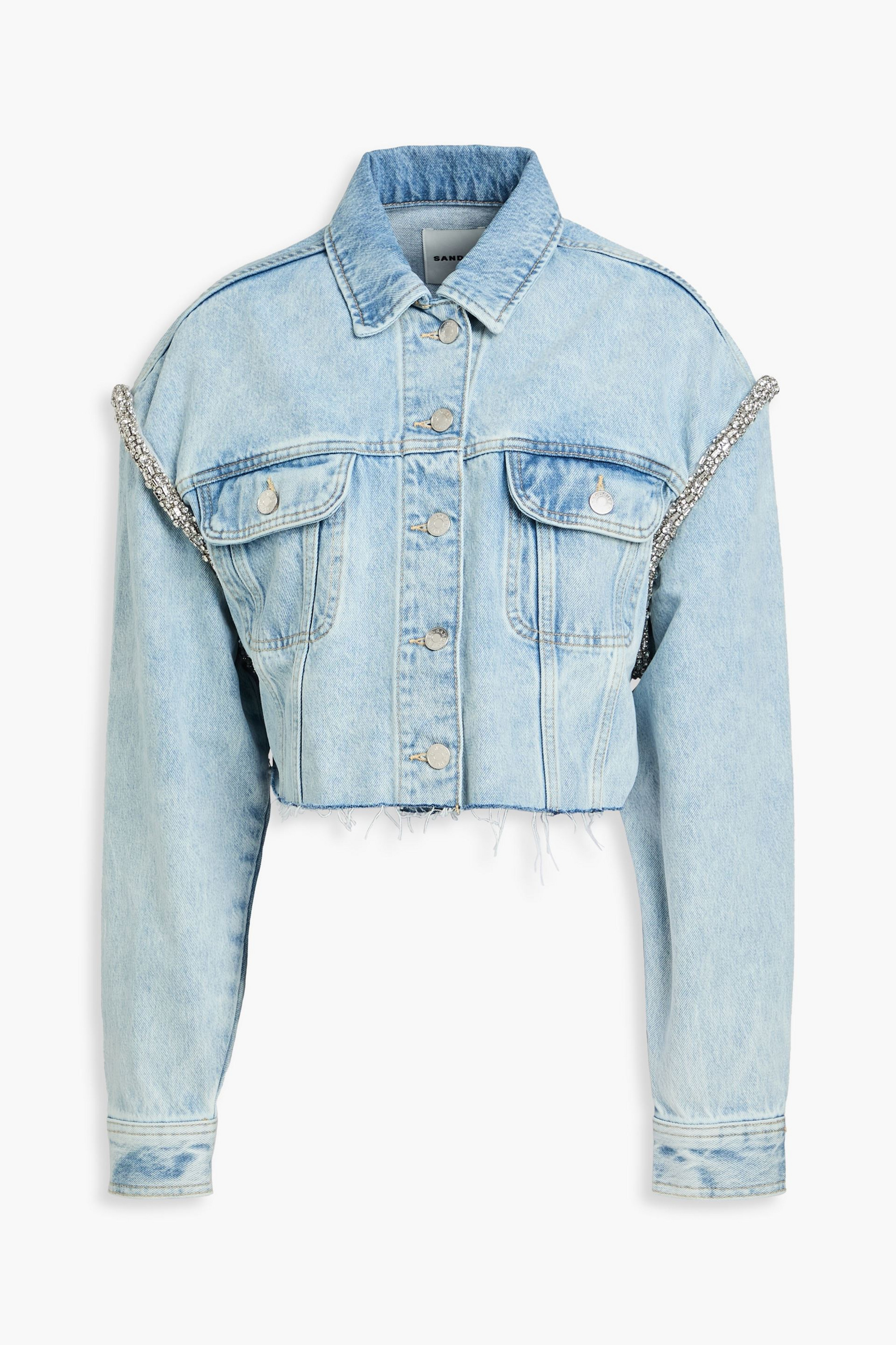 SANDRO Cropped crystal-embellished denim jacket Plush