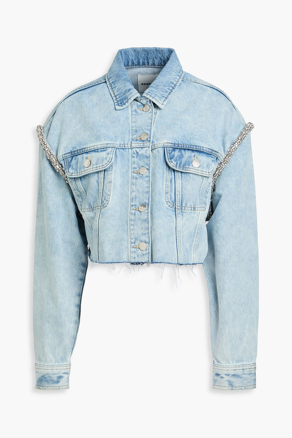 Sandro Cropped Jeansjacke Mit Kristallverzierung In Hellblauer Denim