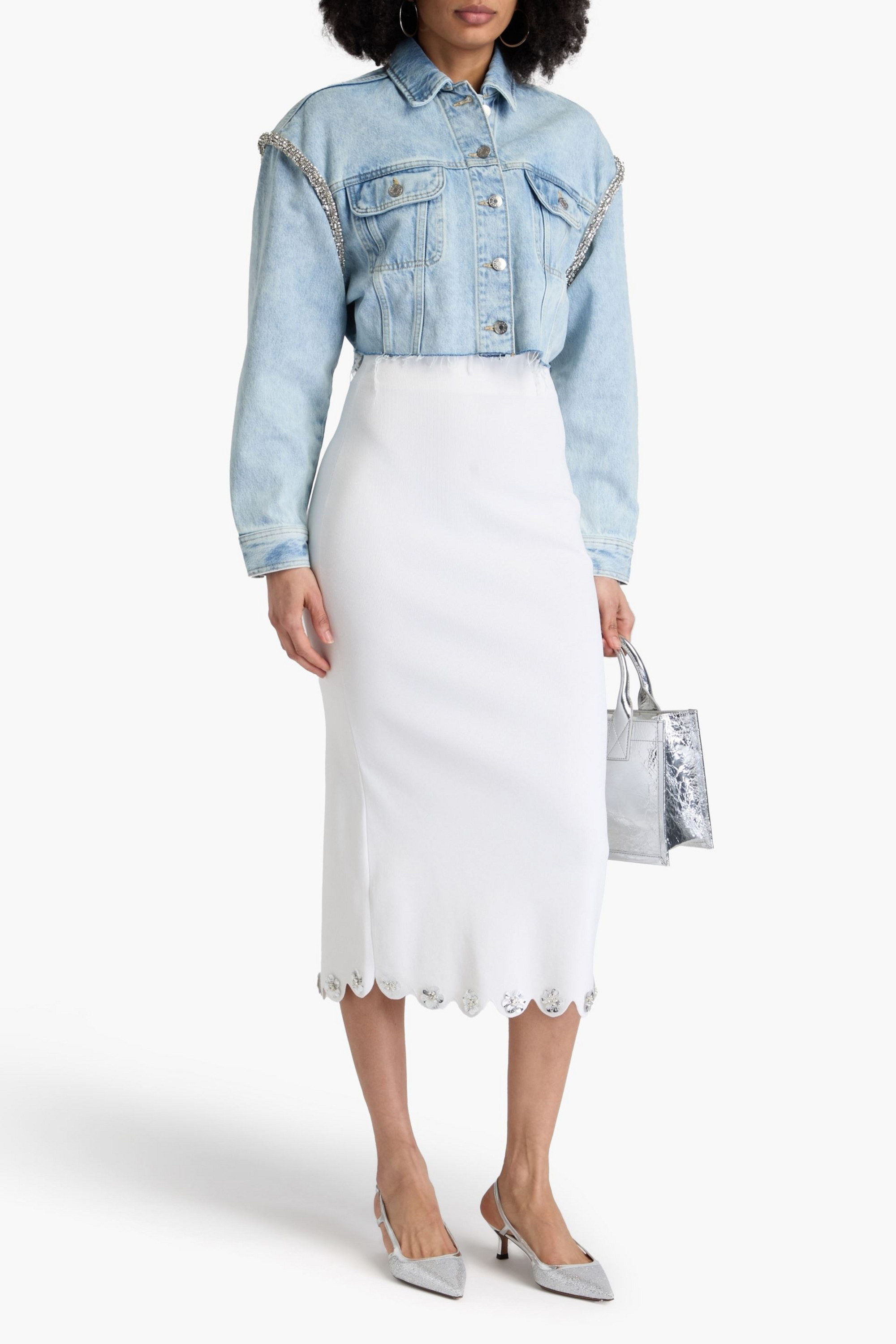SANDRO Cropped crystal-embellished denim jacket