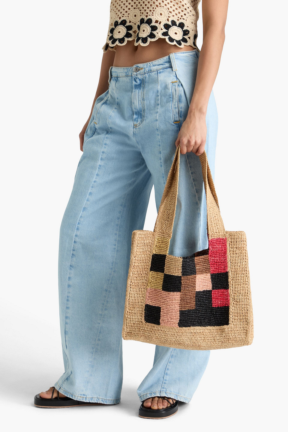 Sandro Tote Bag Aus Stroh Mit Karomuster In Bunt