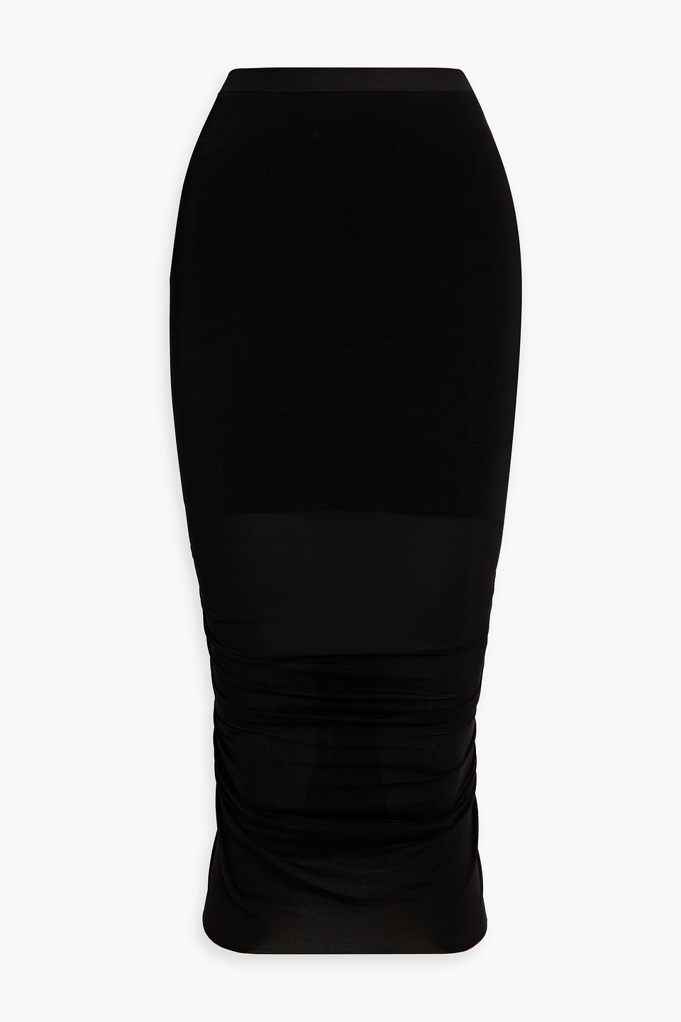 Rick Owens Shrimp Ruched Cupro-blend Jersey Midi Pencil Skirt In Black