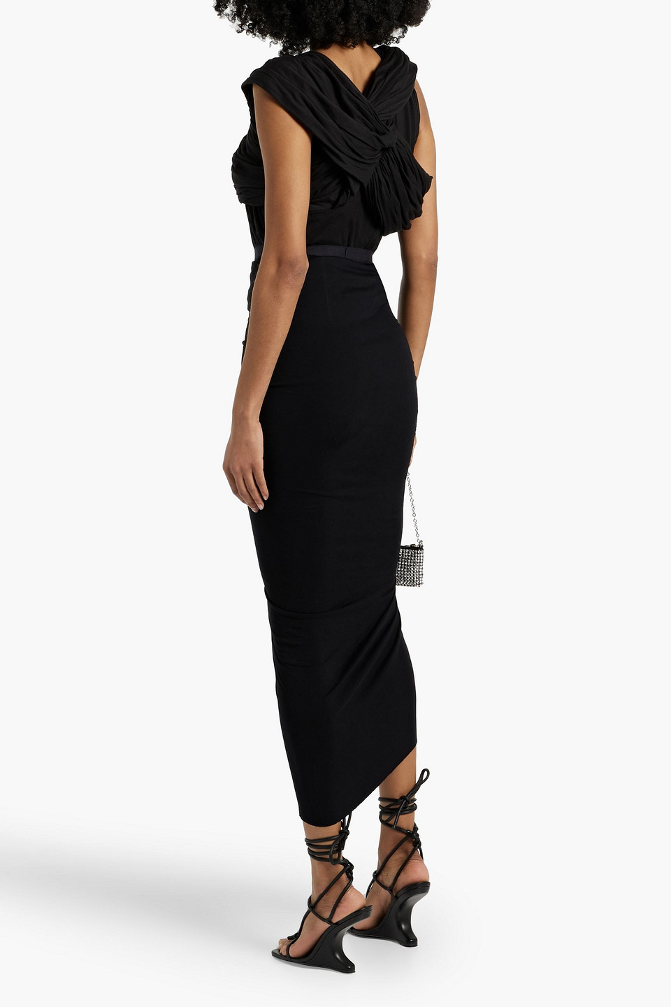Rick Owens Fog Ruched Jersey Midi Pencil Skirt In Black