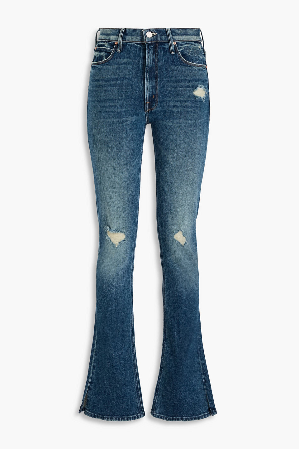 Mother Morning Chores Hoch Sitzende Bootcut-jeans In Distressed-optik In Mittelblauer Denim