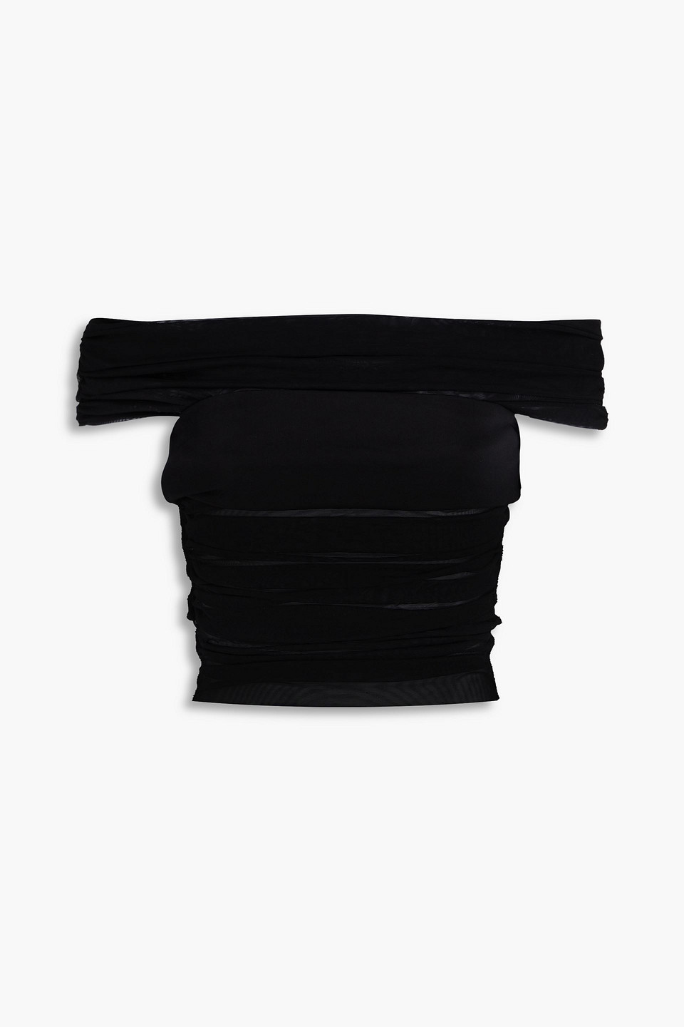 Alice And Olivia Cropped Off-the-shoulder Ruched Tulle Top In Schwarz