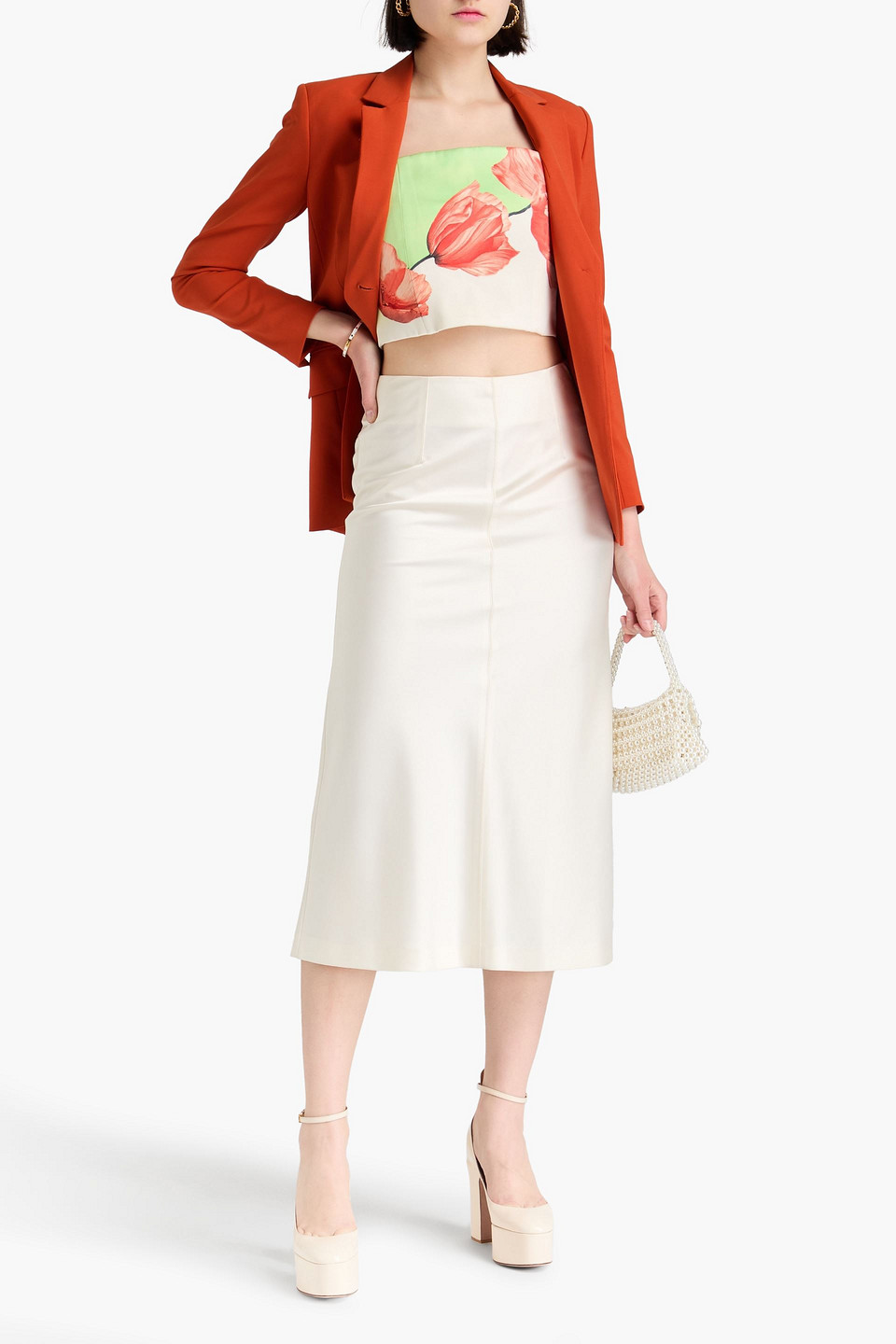 ALICE AND OLIVIA CERESI CROPPED STRAPLESS FLORAL-PRINT SATIN TOP