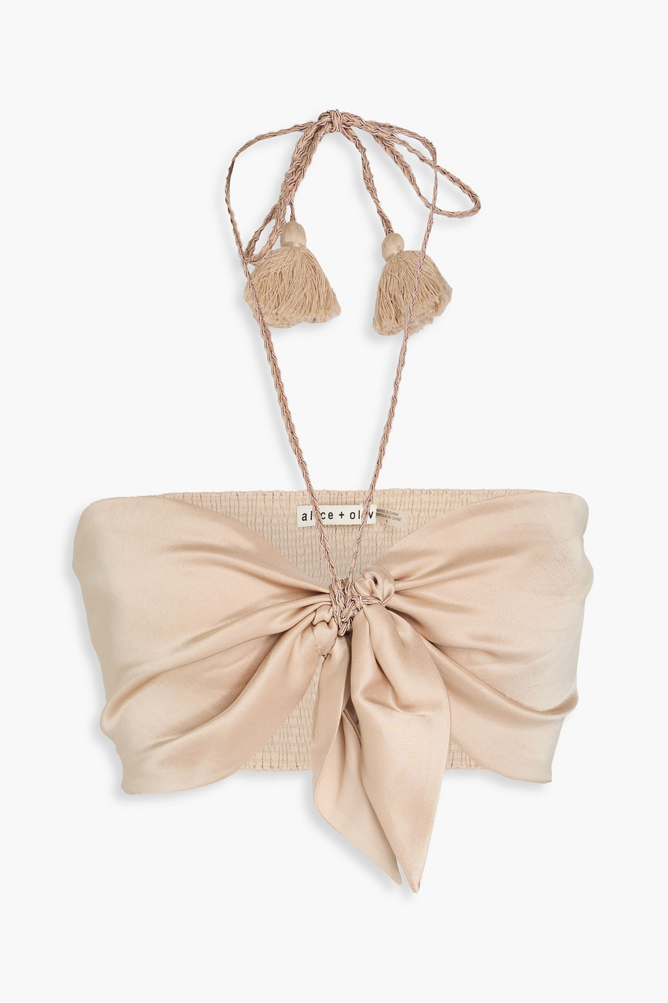 Alice And Olivia Livia Knotted Satin Halterneck Bra Top In Beige