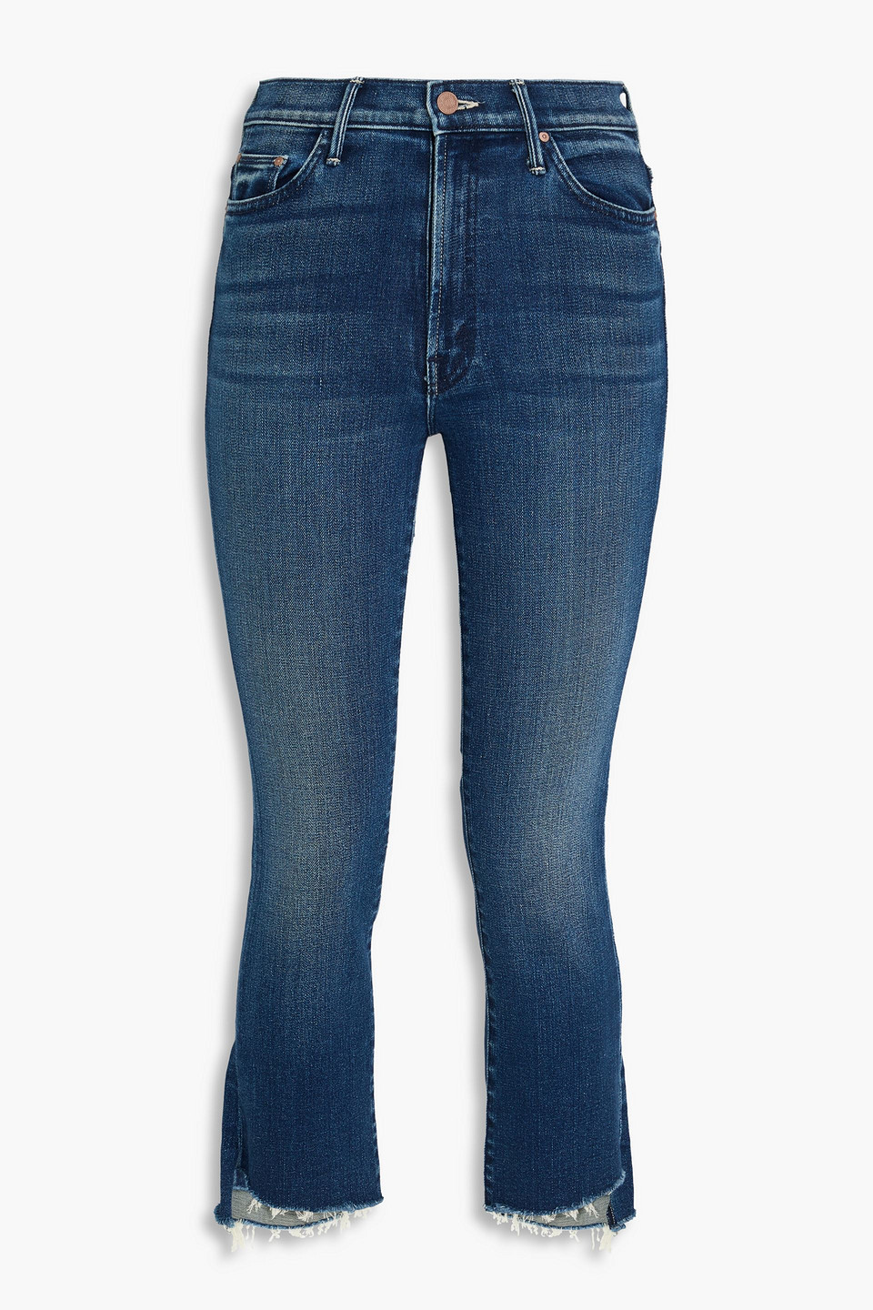 Mother Hoch Sitzende Cropped Bootcut-jeans Mit Fransen In Mittelblauer Denim
