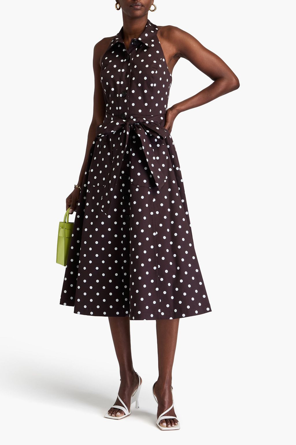 CAROLINA HERRERA 폴카 도트 코튼 트윌 홀터넥 미디 드레스