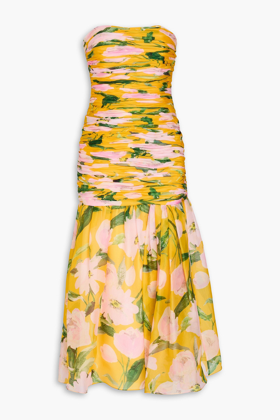 Carolina Herrera Strapless Ruched Floral-print Silk-chiffon Midi Dress In Yellow