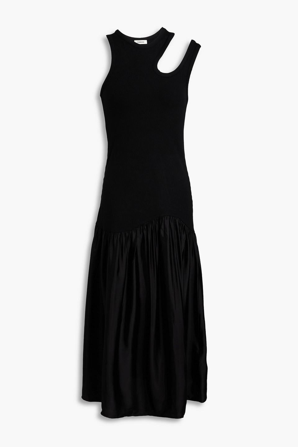 Sandro Midikleid Aus Geripptem Jersey Mit Satineinsatz Und Cut-outs In Schwarz
