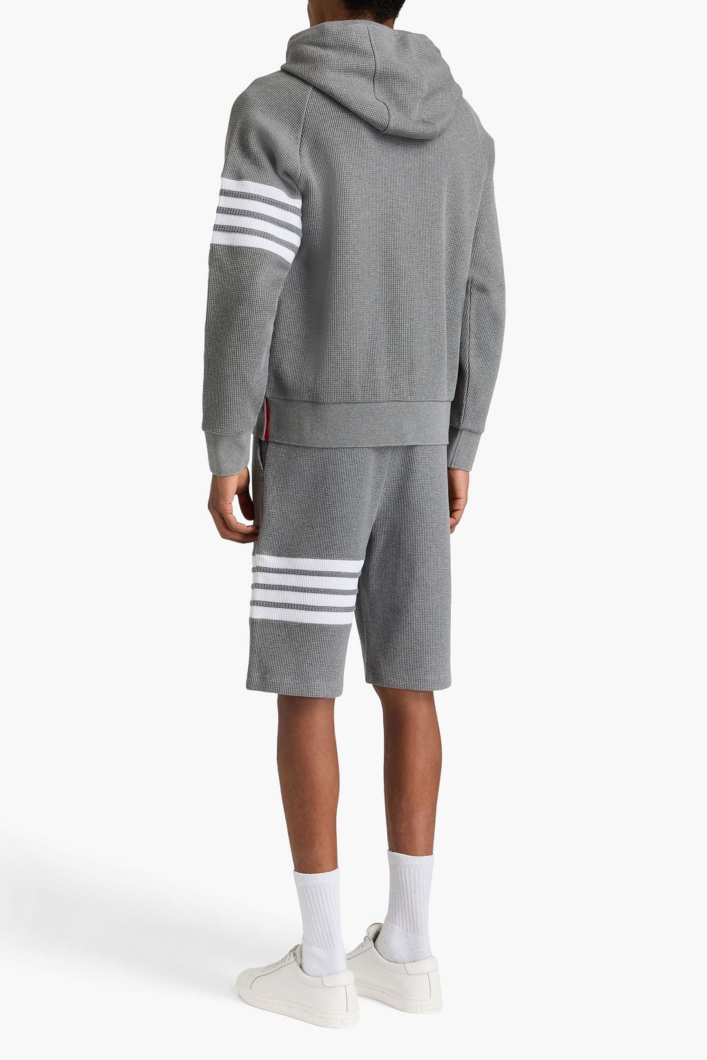 THOM BROWNE كنزة هودي بسحاب من القطن المحبوك بنمط وافل بتصميم مخطط