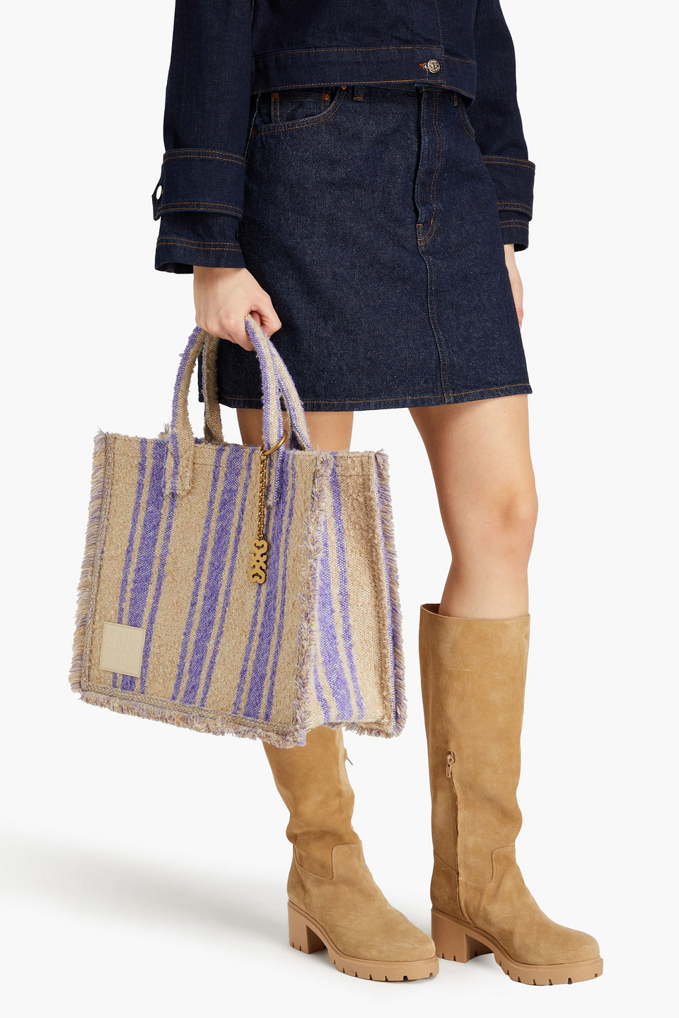 Sandro Frayed Striped Bouclé-tweed Tote In Lavendelfarben