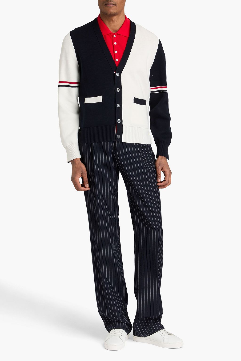THOM BROWNE Striped two-tone cotton cardigan