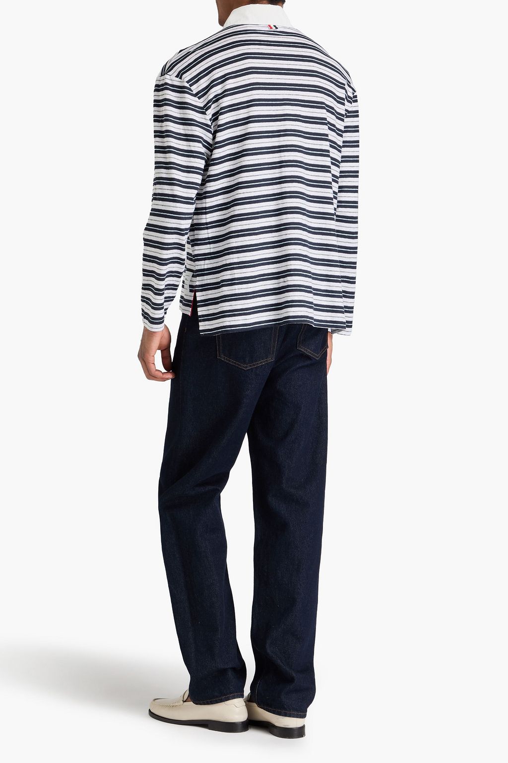 THOM BROWNE Striped linen-blend jersey polo shirt