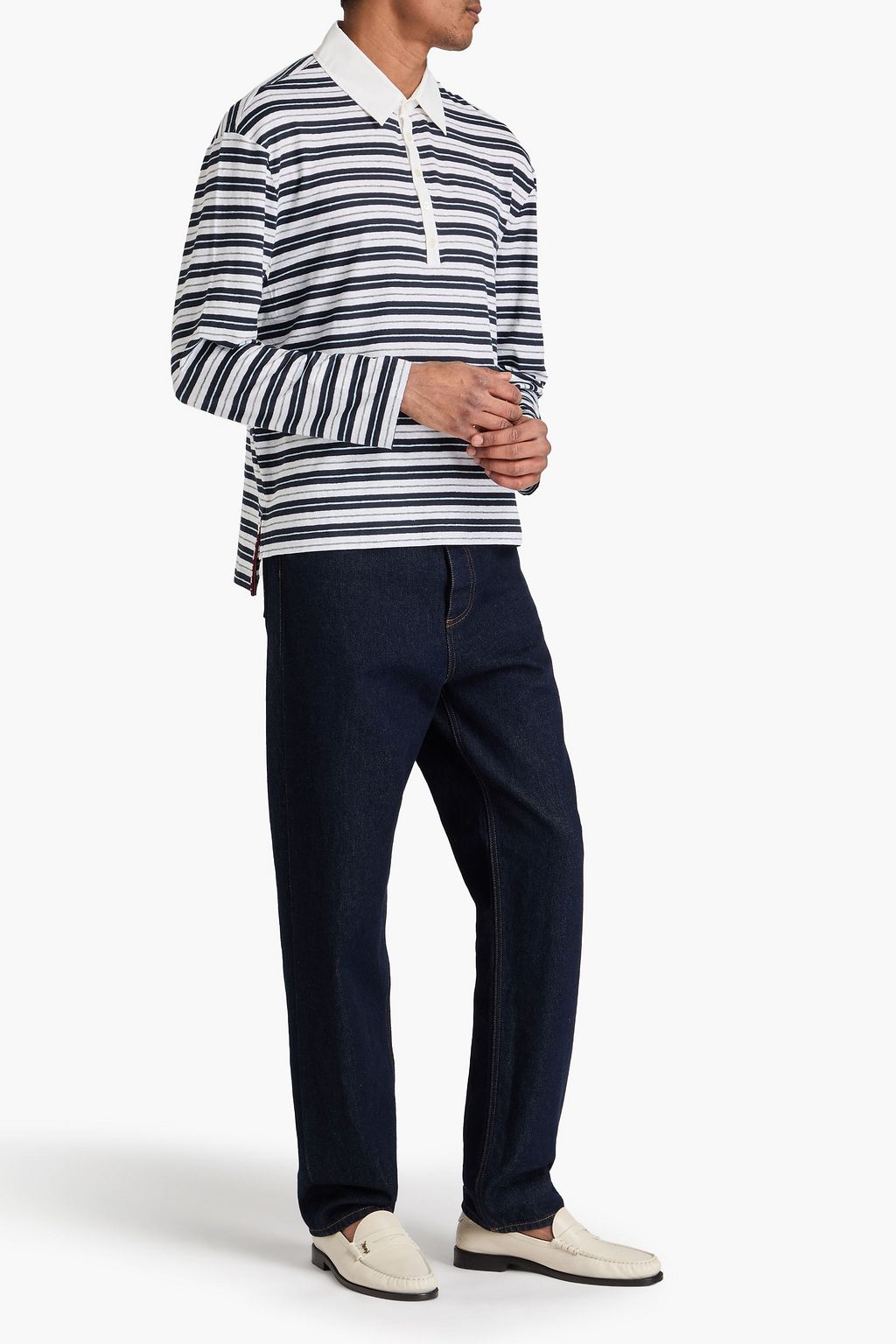 THOM BROWNE Striped linen-blend jersey polo shirt