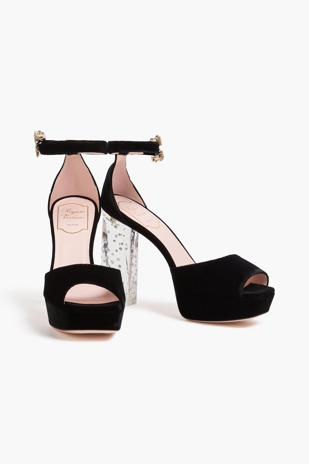 ROGER VIVIER صندل بنعل سميكة من المخمل ومزين بالكريستال