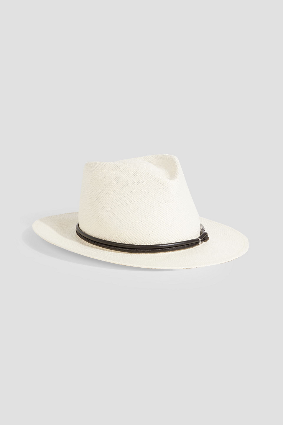 Brunello Cucinelli Bead-embellished Leather-trimmed Straw Fedora In Ivory