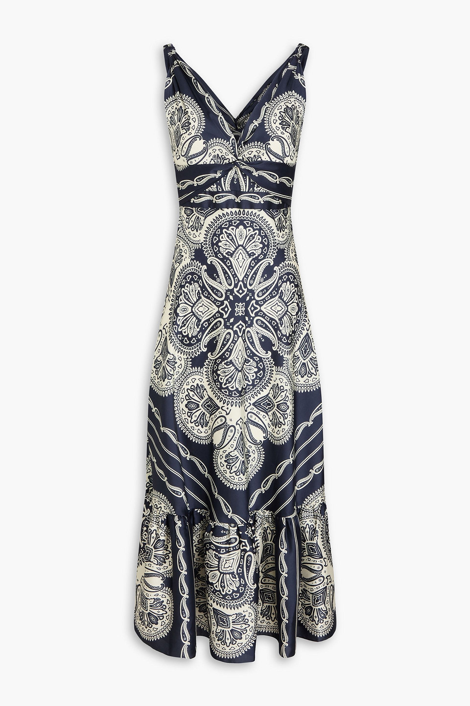 Sandro Midikleid Aus Twill Mit Paisley-print Und Twist-detail In Nachtblau