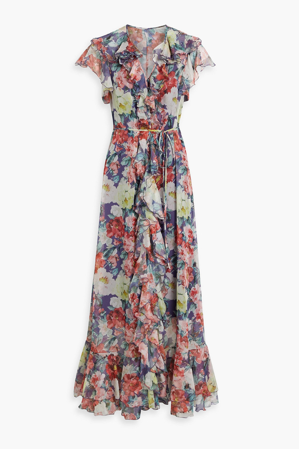Mikael Aghal Ruffled Floral-print Chiffon Maxi Dress In Blau