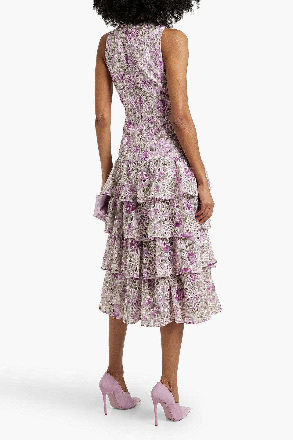 Mikael Aghal Gestuftes Midikleid Mit Lochstickerei Und Floralem Print In Fliederfarben