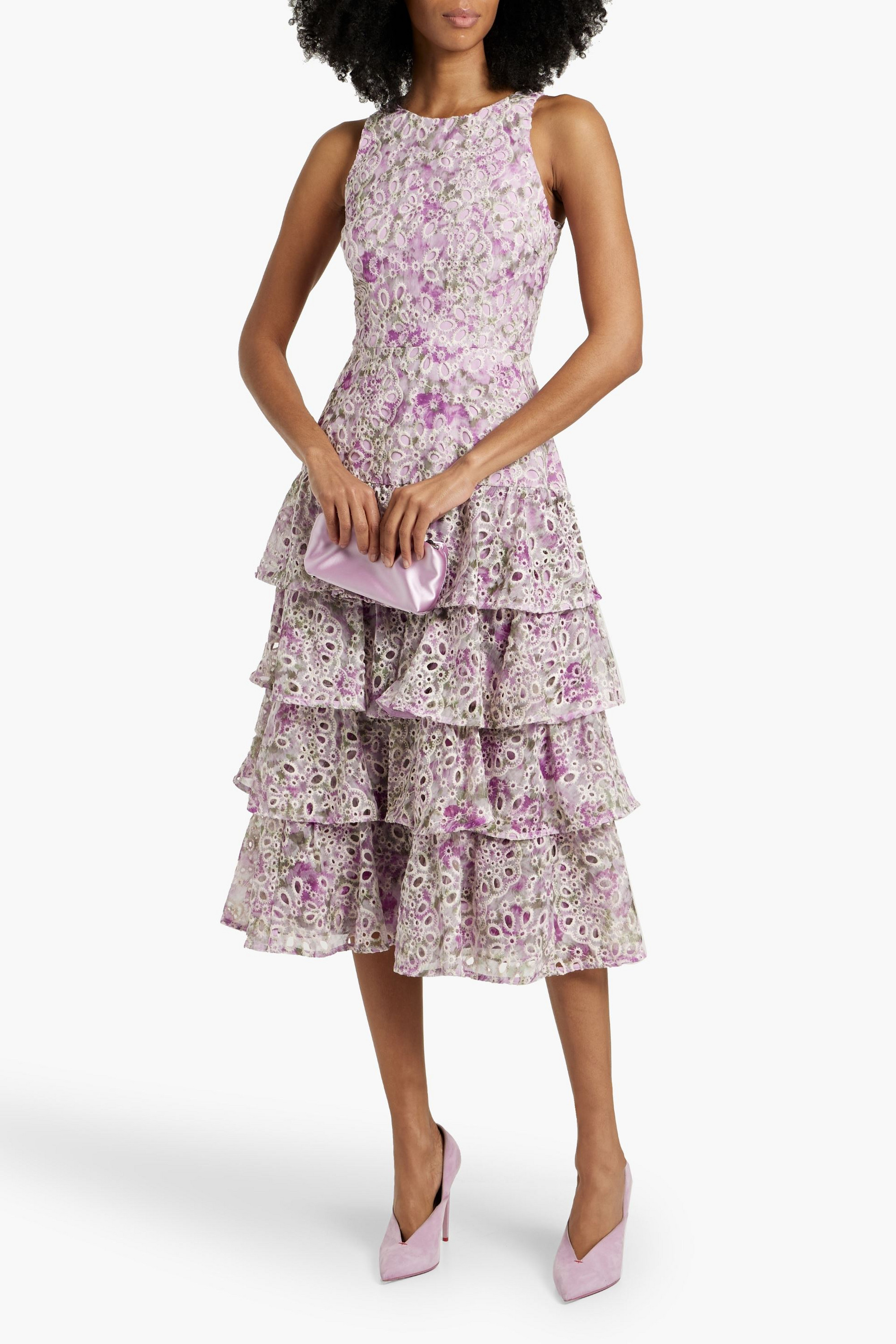 MIKAEL AGHAL Tiered floral-print broderie anglaise midi dress
