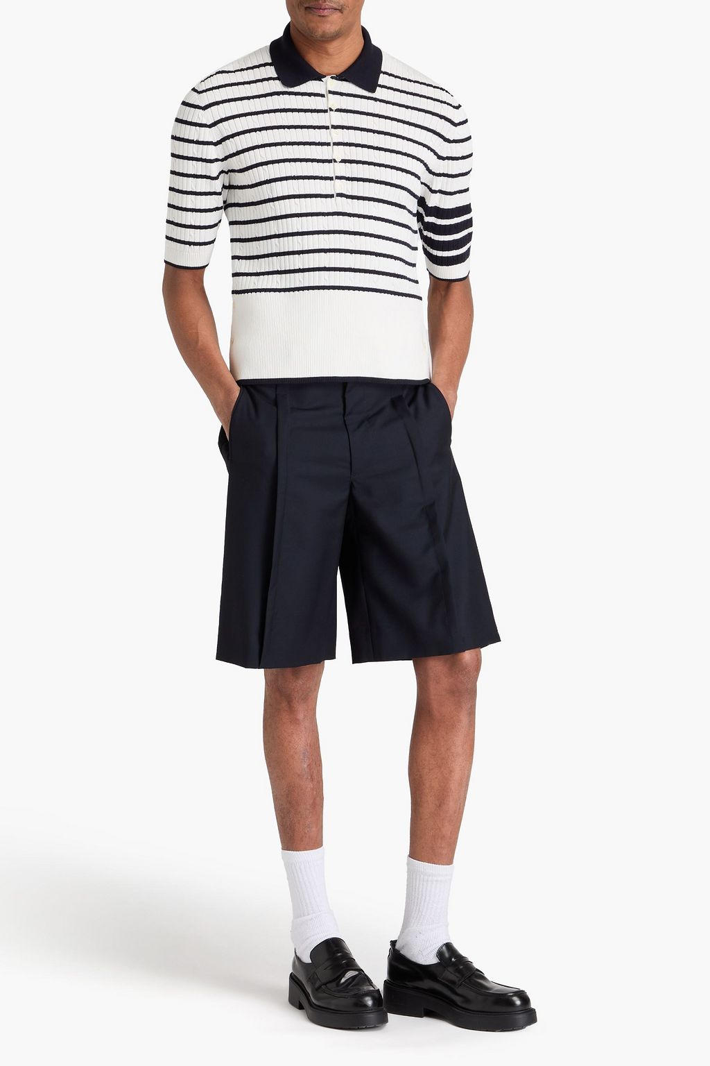 THOM BROWNE Striped cable-knit cotton polo shirt