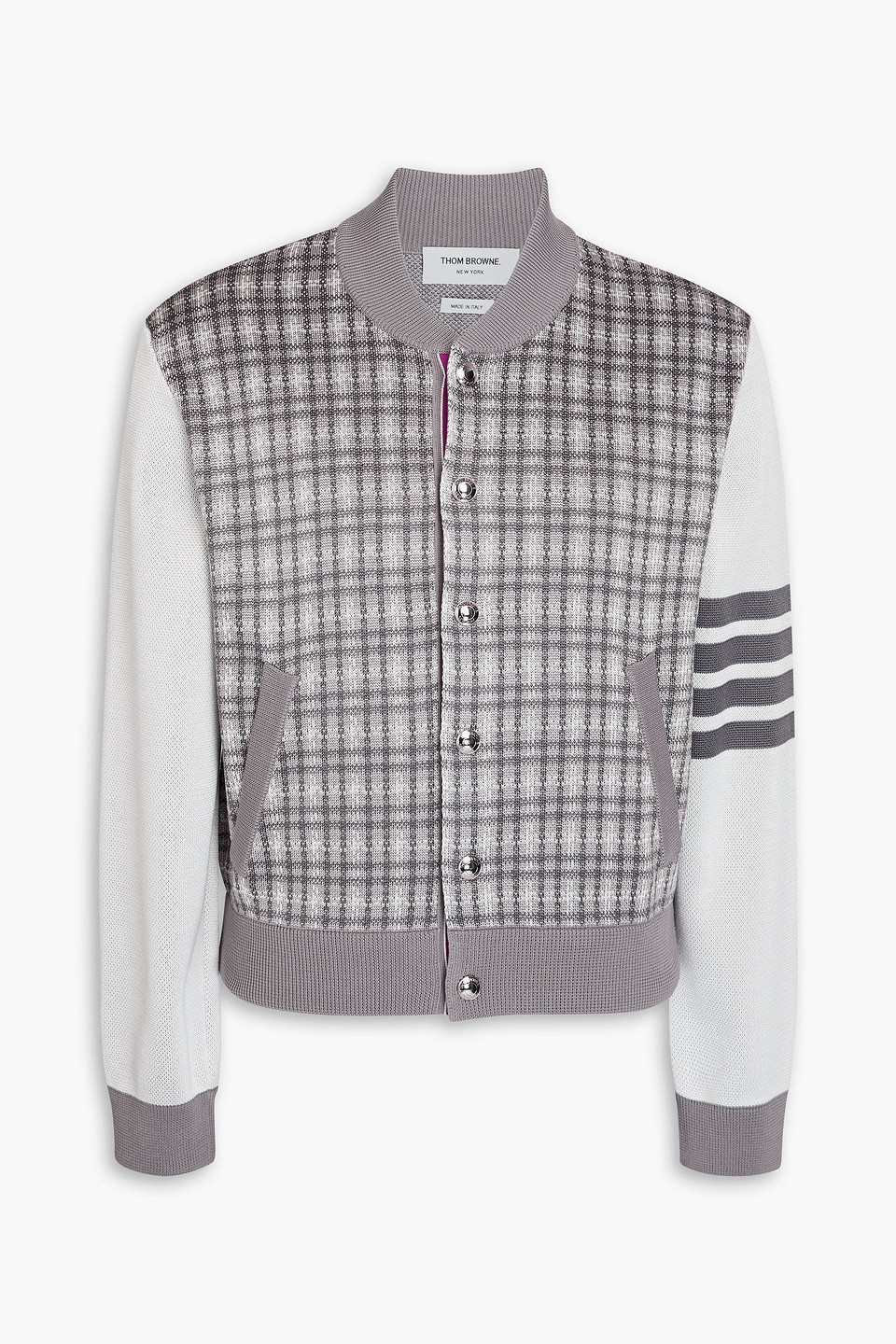 Thom Browne Checked Silk And Cotton Cardigan In Gray