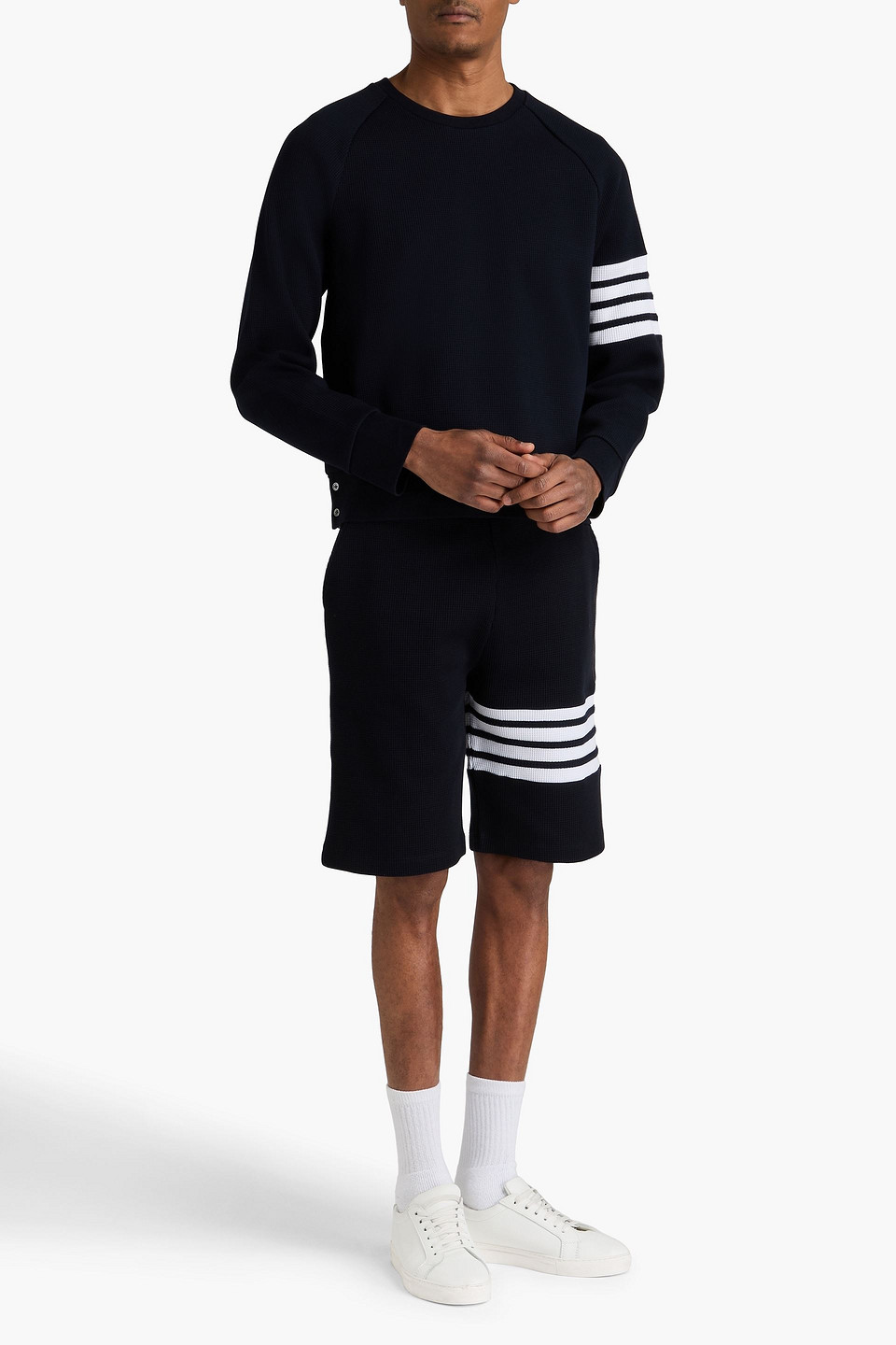 Thom Browne - Pullover Aus Baumwolle In Waffelstrick Mit Streifen - Blau - 00 
