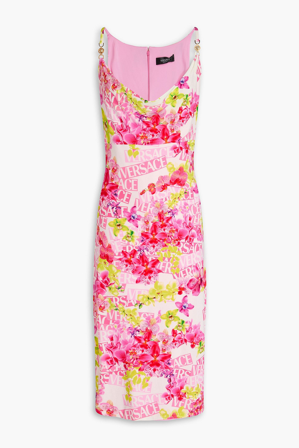 Versace Draped Printed Stretch-jersey Midi Dress In Pink