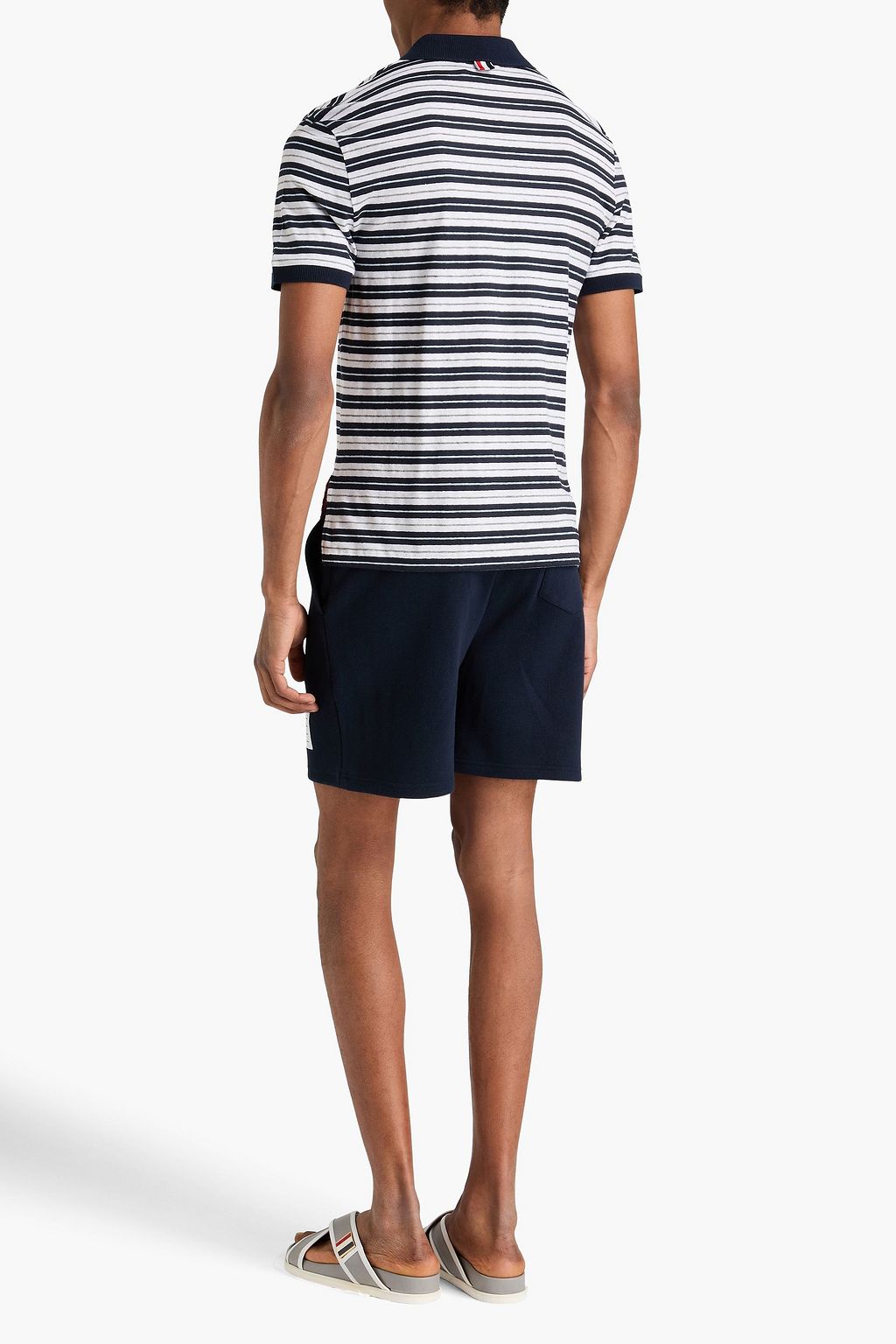 THOM BROWNE Striped linen-blend jersey polo shirt