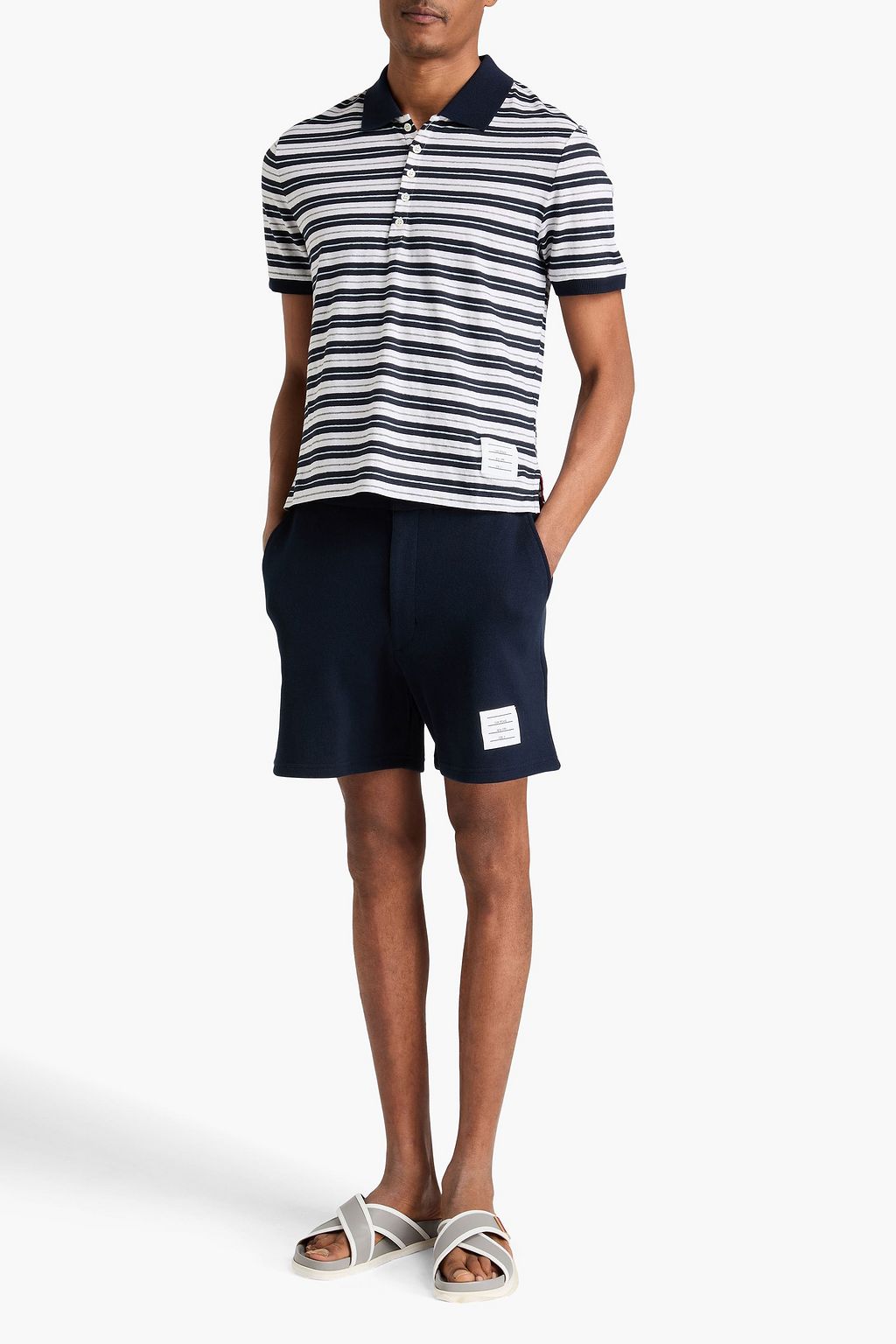 THOM BROWNE Striped linen-blend jersey polo shirt