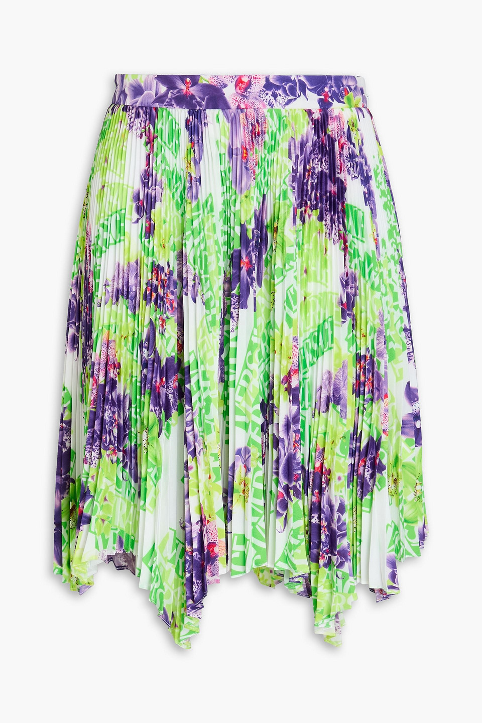 Versace - Asymmetric printed plissé-crepe de chine mini skirt - Green - IT 50