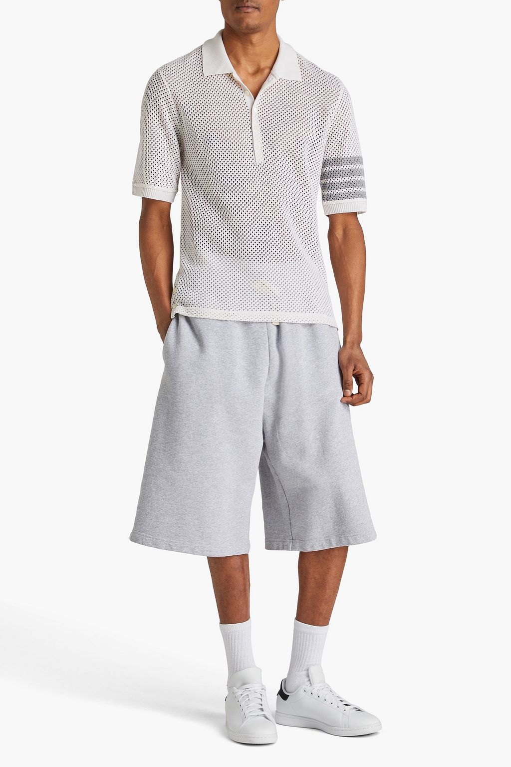 THOM BROWNE قميص بولو من مزيج الكشمير وشبك بتصميم مخطط