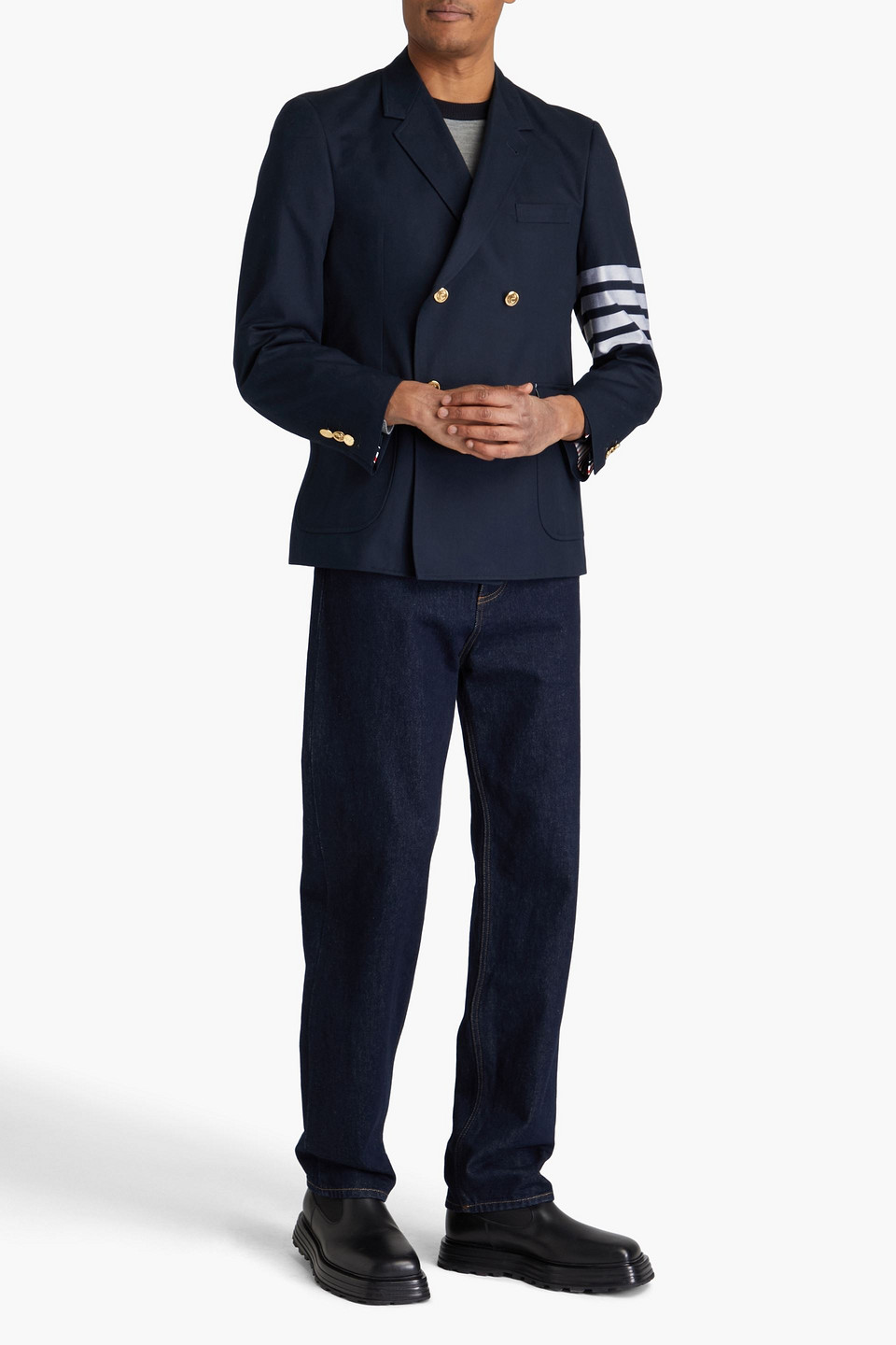 Shop Thom Browne Double-breasted Striped Cotton-twill Blazer In Navy