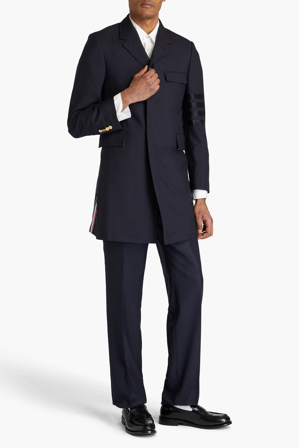 Thom Browne Striped Wool Coat In Navy
